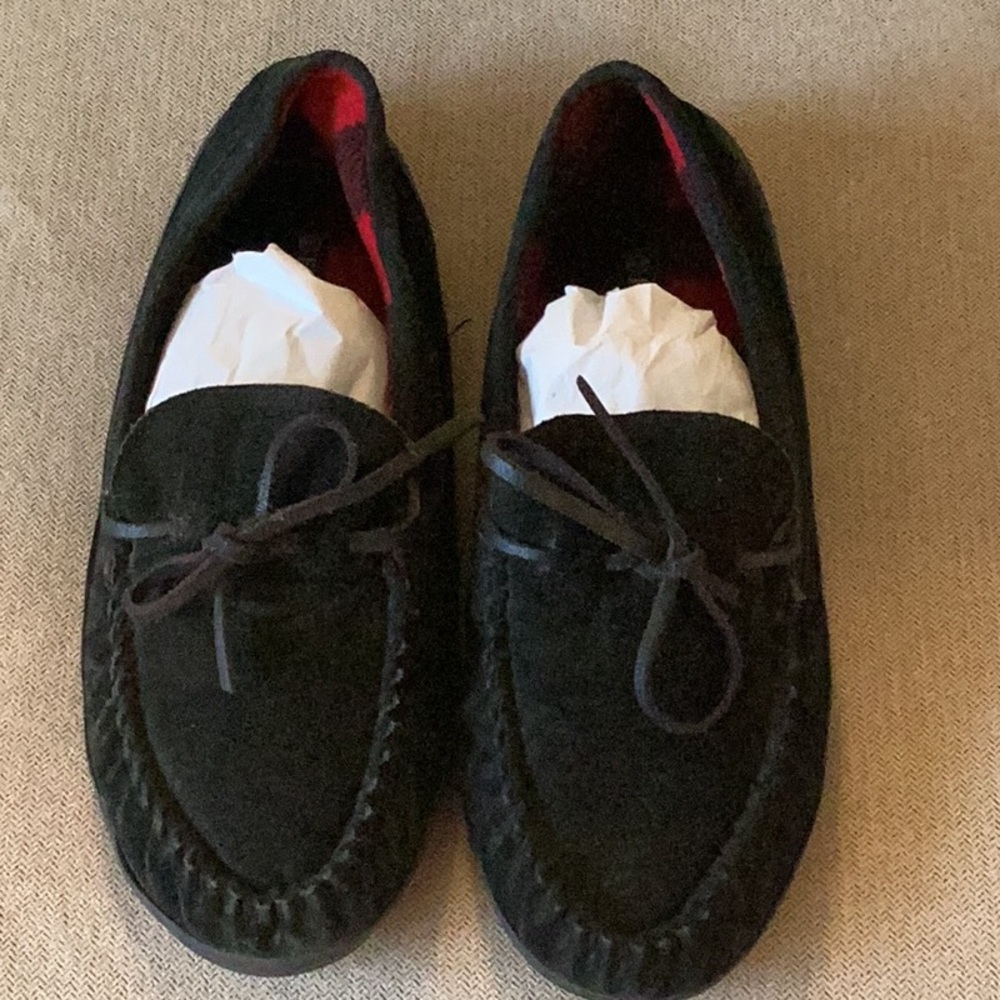 Men's Black Suede 10 W Moccasins Loafers Slippers Slip On Slide On Fireside
